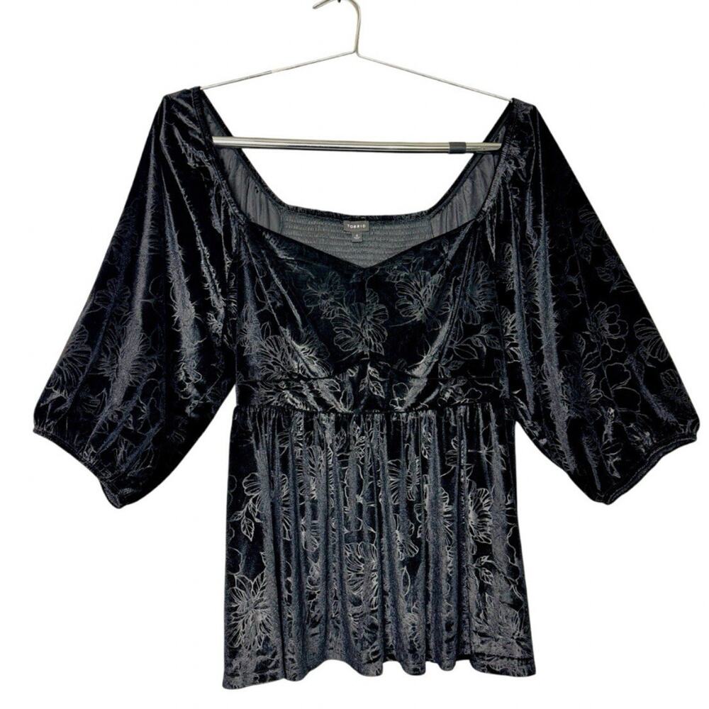 Black Velvet Burnout Floral 4X Stretch Smock Babydoll Top Puff Sleeve Dark Fairy